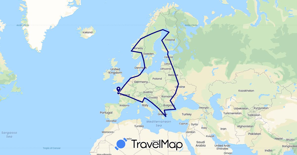 TravelMap itinerary: driving in Albania, Germany, Denmark, Estonia, Finland, France, Greece, Croatia, Italy, Moldova, Netherlands, Norway, Romania, Sweden, Turkey, Ukraine (Asia, Europe)